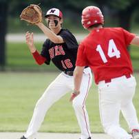 Milan High School second baseman freshman Zachary Allen beats Coldwater High School baserunner, freshman Brendan Spangler during the second inning of the MHSAA baseball quarterfinals at Nichols Field at Bailey Park in Battle Creek on Tuesday, June 11, 2013. Melanie Maxwell | AnnArbor.com